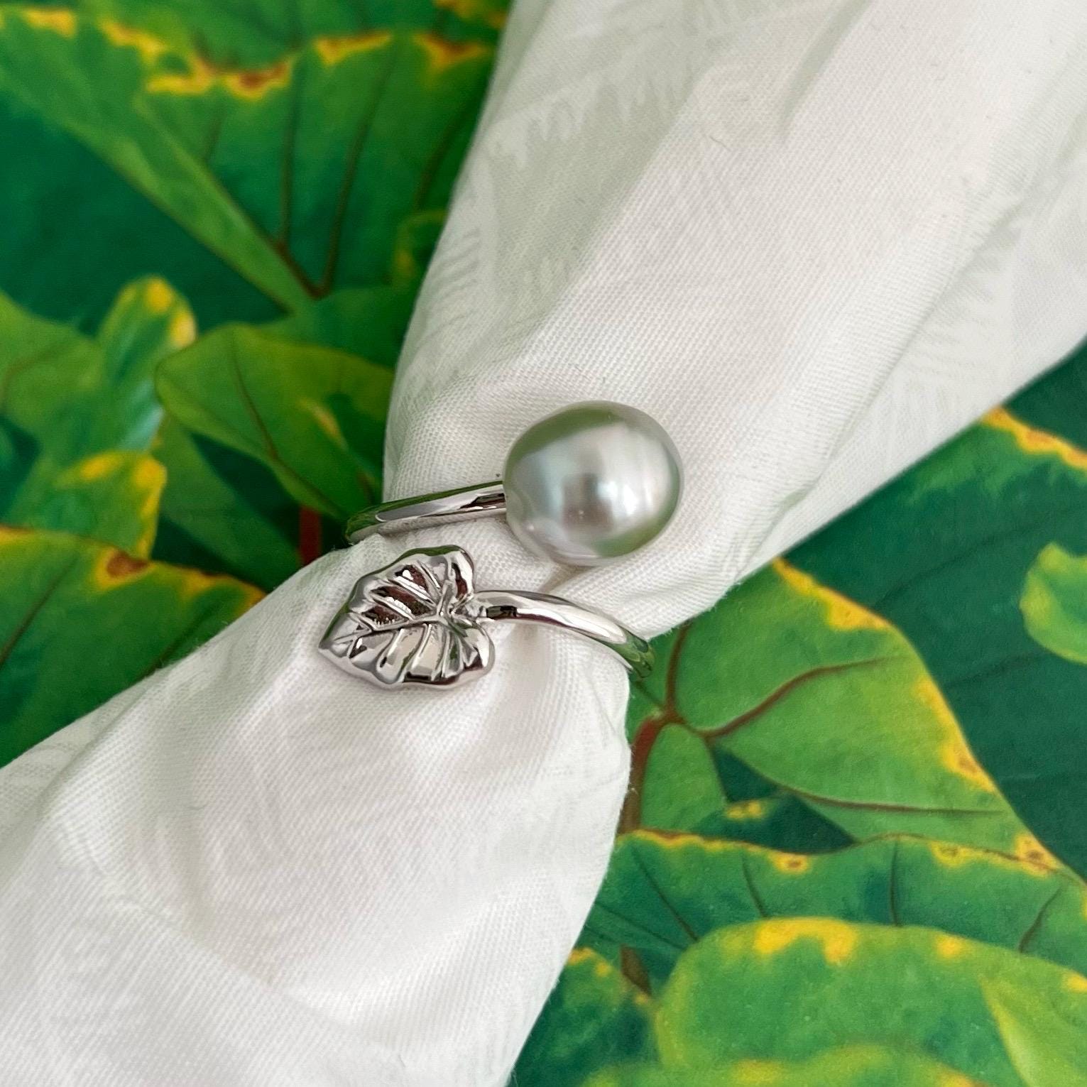 Tahitian Pearl Ring: Sterling Silver Kalo Leaf wrap