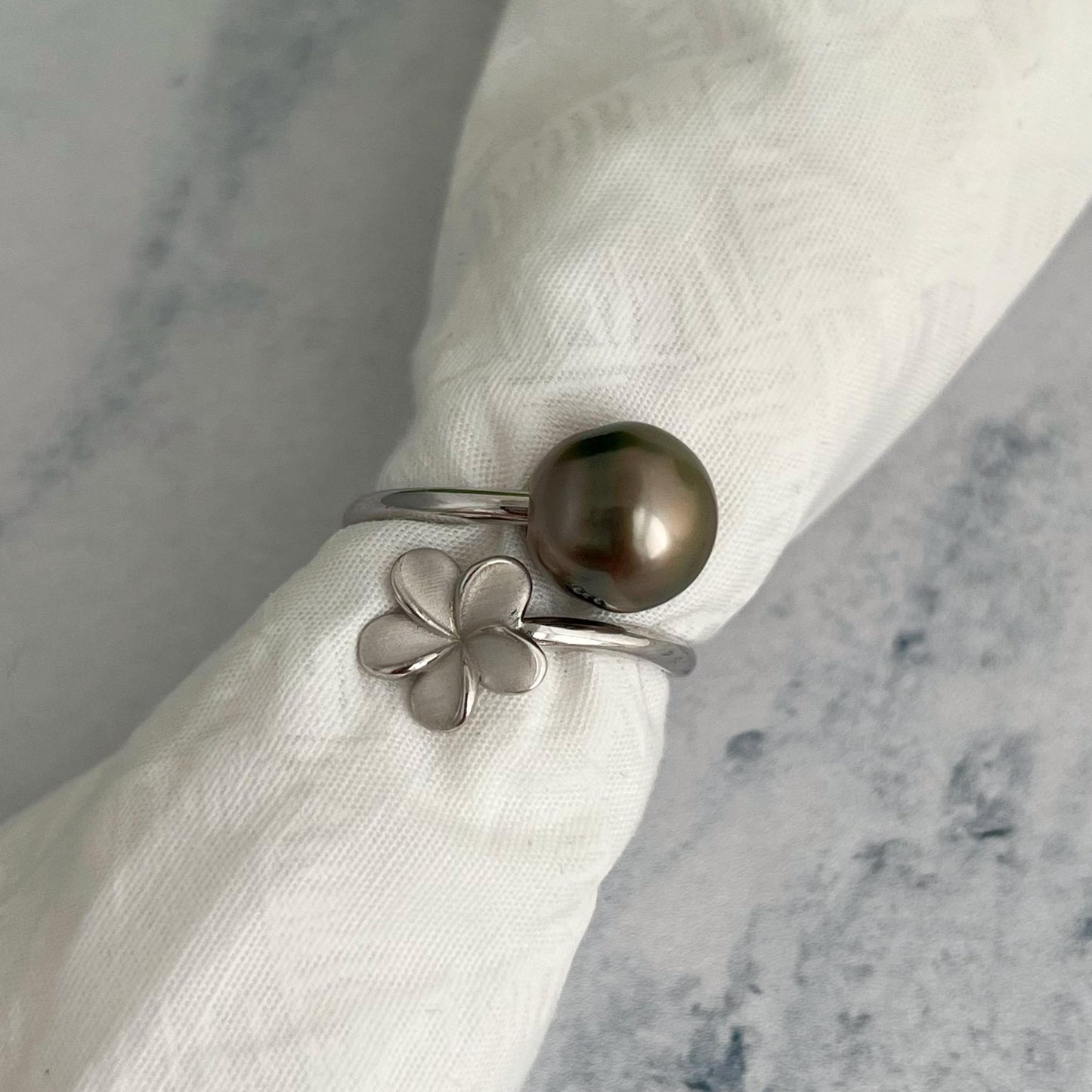 Tahitian Pearl Ring: Sterling Silver Plumeria Flower Wrap