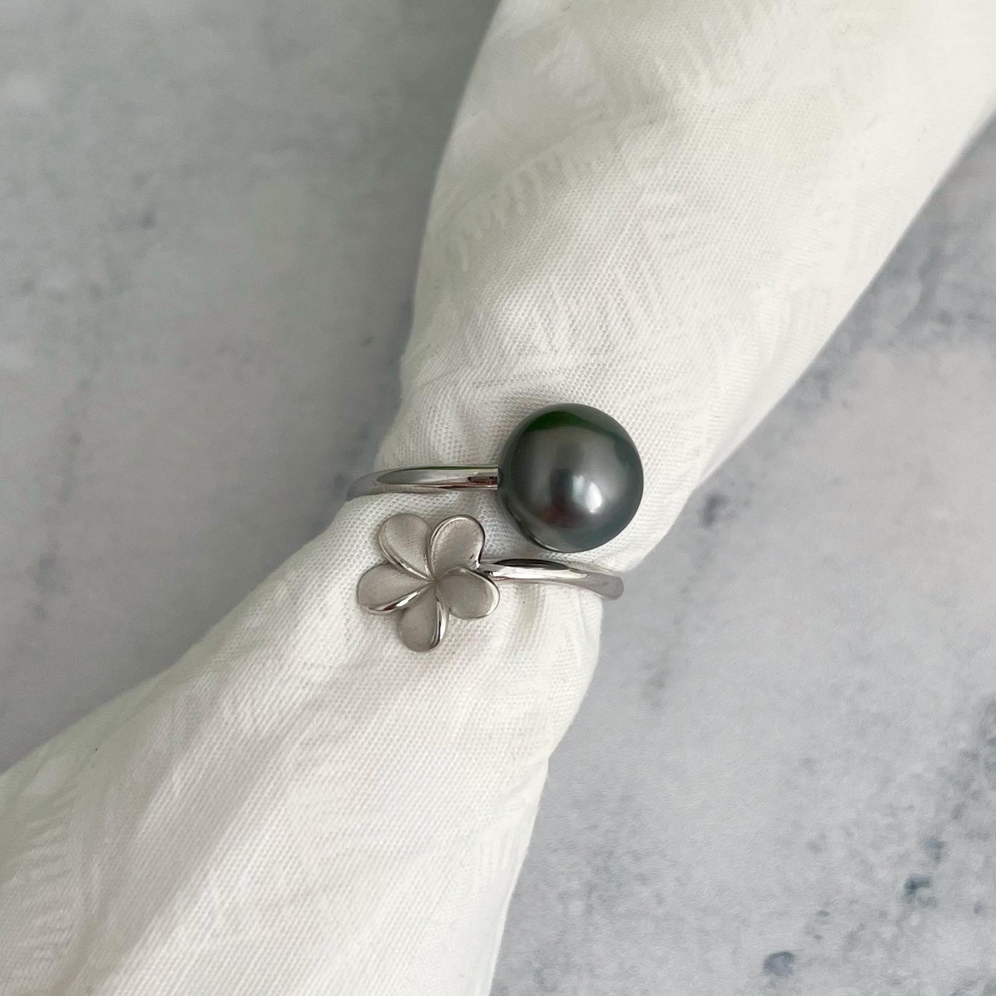 Tahitian Pearl Ring: Sterling Silver Plumeria Flower Wrap