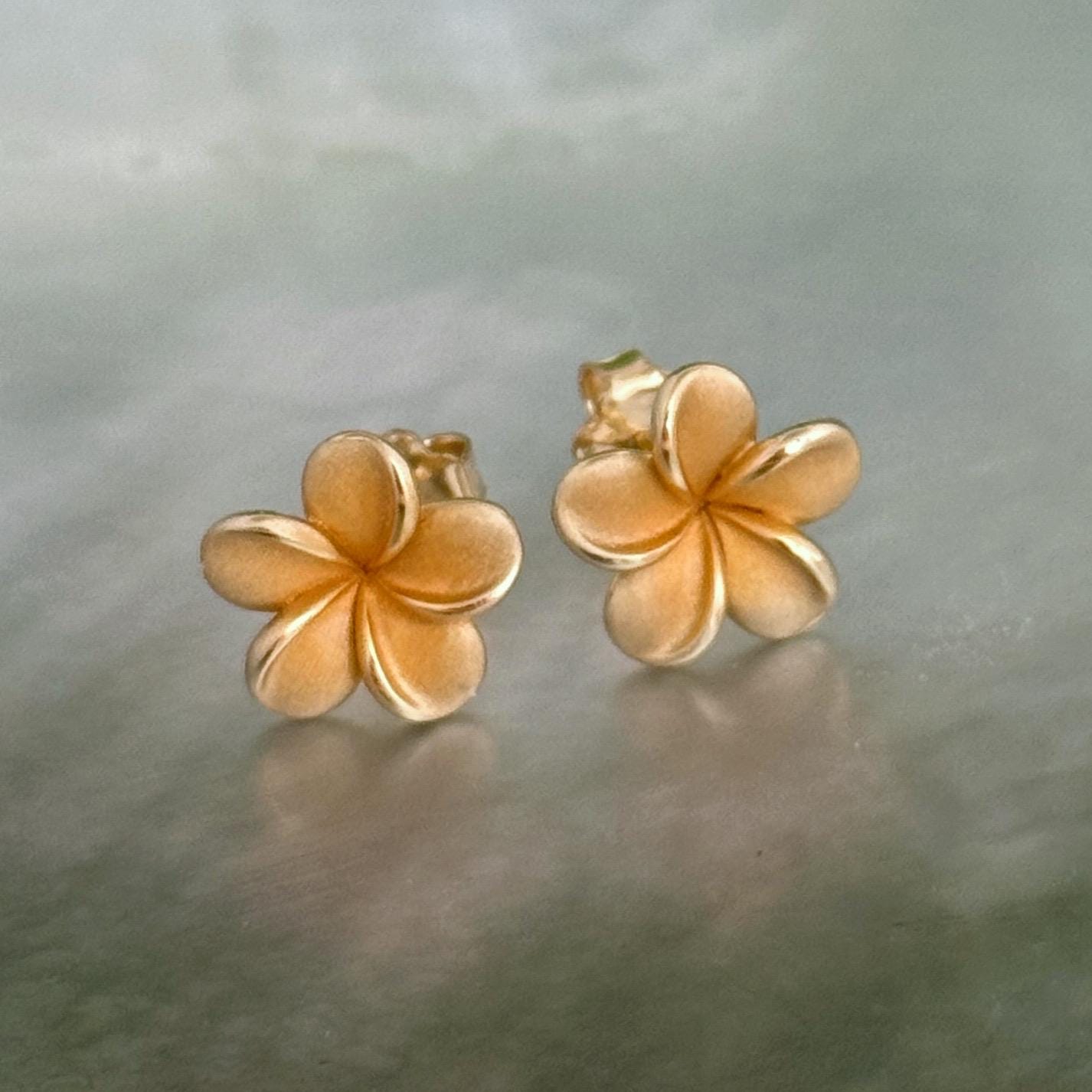 Plumeria Frangipani Flower Stud Earrings • hawaiian silver earrings • hawaii gold and silver jewelry Tropical flower