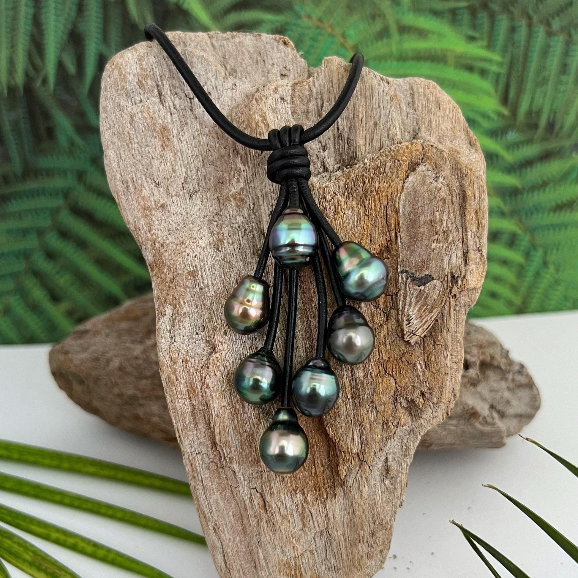 Tahitian Pearl Cluster Necklace: Leather Cord, Stainless Clasp