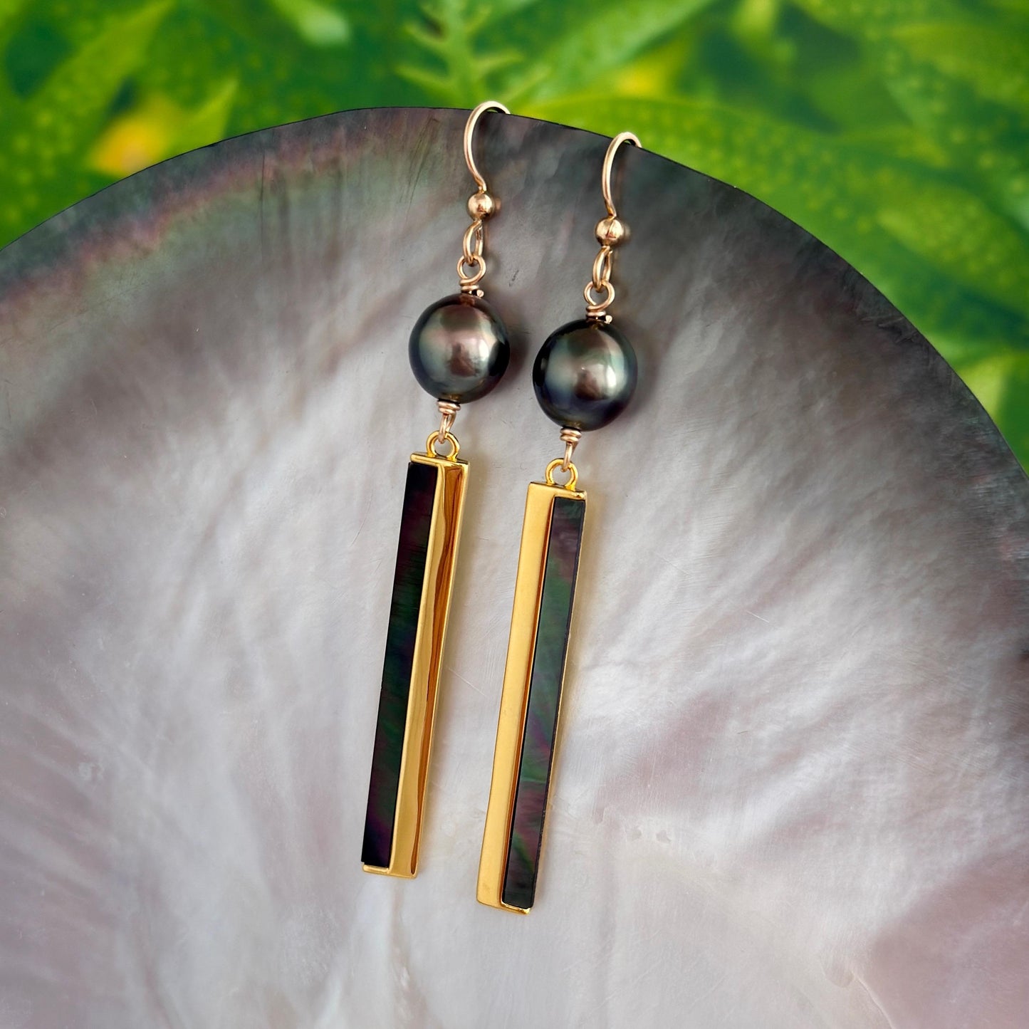 Tahitian Pearl & Shell Dangle Earrings • 14k Gold Vermeil Inlay
