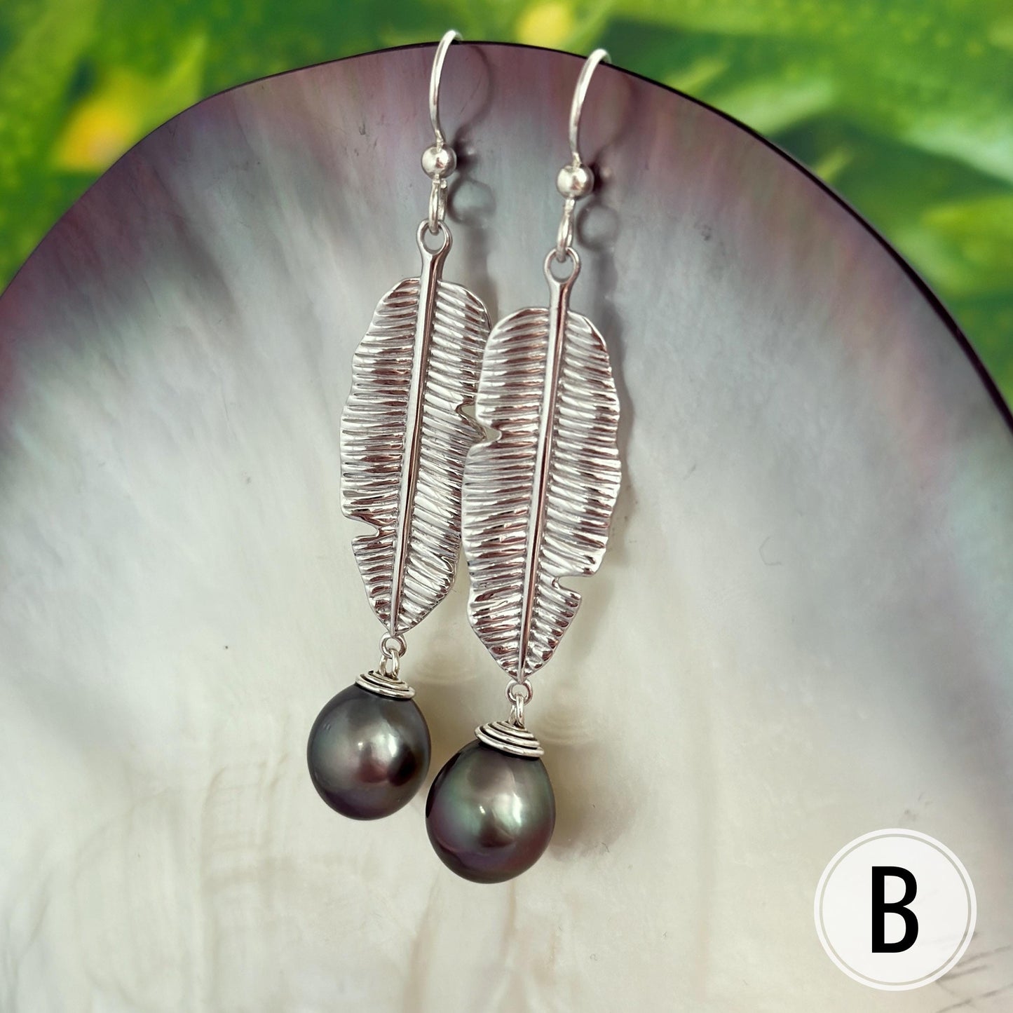 Tahitian Pearl Dangle Earrings: Sterling Silver Banana Leaf Jewelry