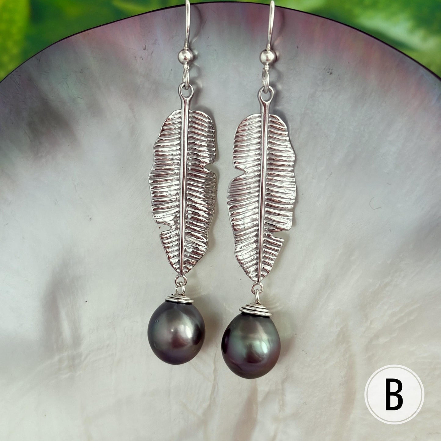 Tahitian Pearl Dangle Earrings: Sterling Silver Banana Leaf Jewelry