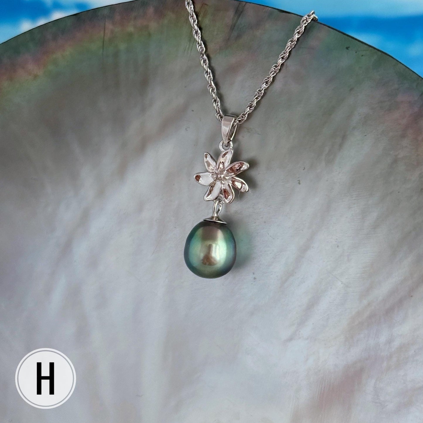 Tahitian Pearl Necklace: Sterling Silver Gardenia Flower Pendant