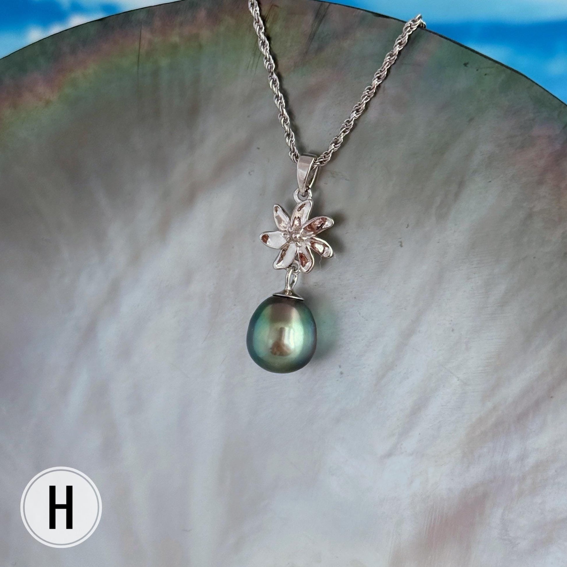 Tahitian Pearl Necklace: Sterling Silver Gardenia Flower Pendant
