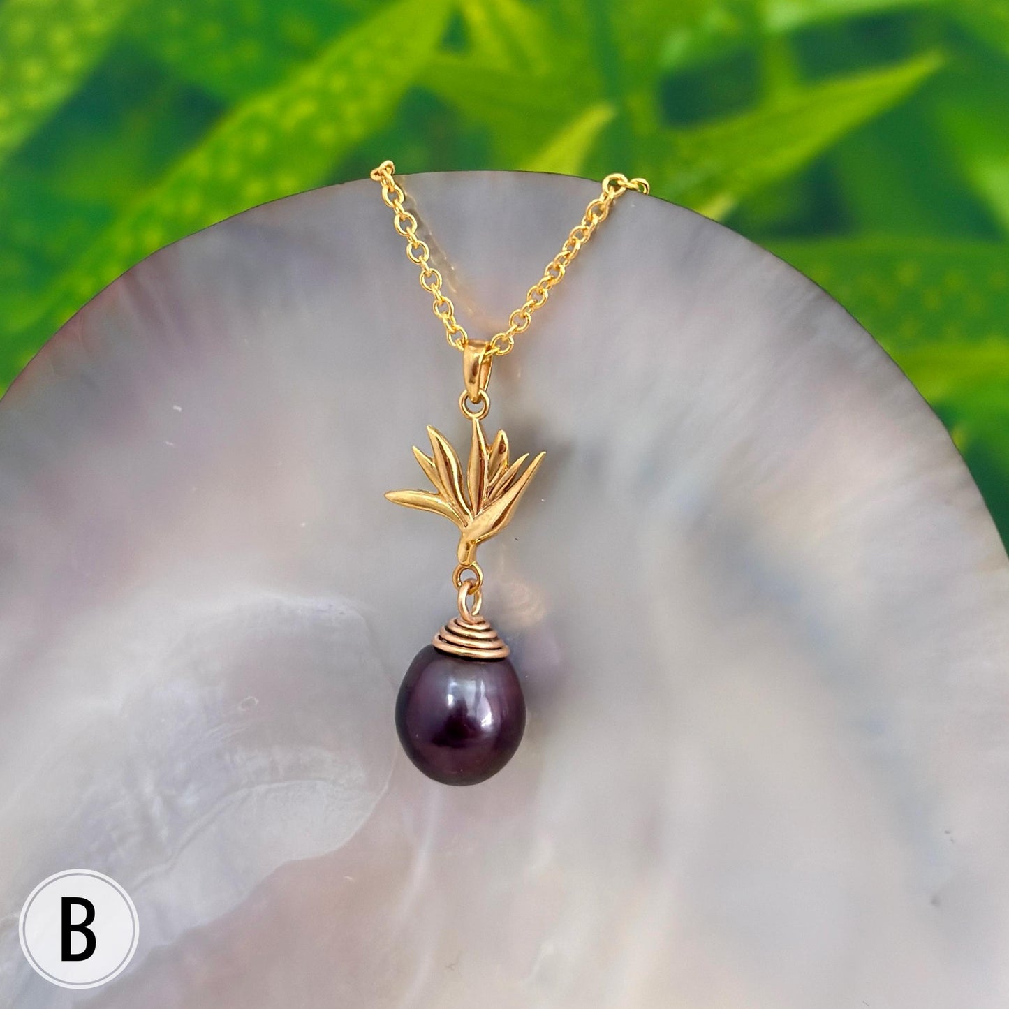 Tahitian Pearl Pendant – Bird of Paradise Flower Necklace • Gold vermeil