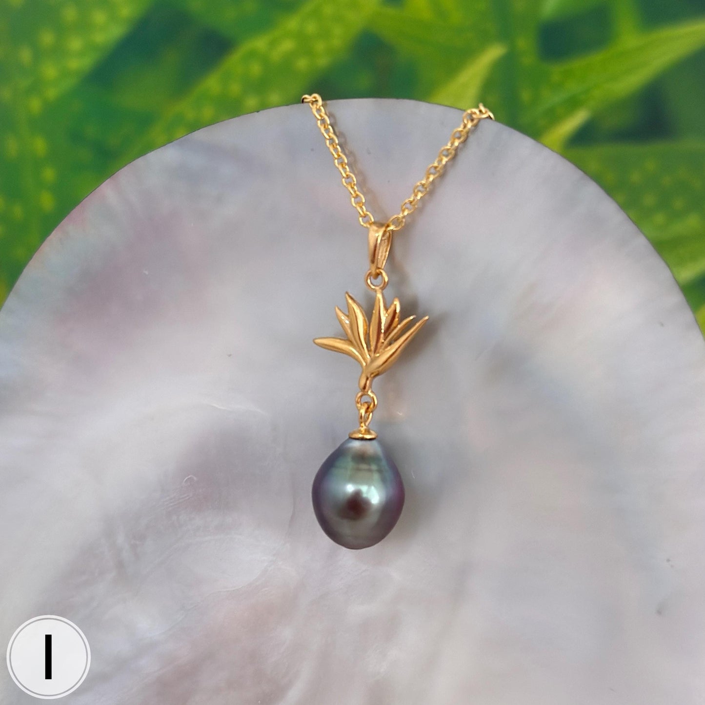 Tahitian Pearl Pendant – Bird of Paradise Flower Necklace • Gold vermeil