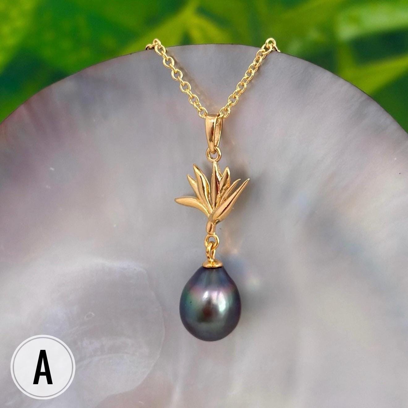 Tahitian Pearl Pendant – Bird of Paradise Flower Necklace • Gold vermeil