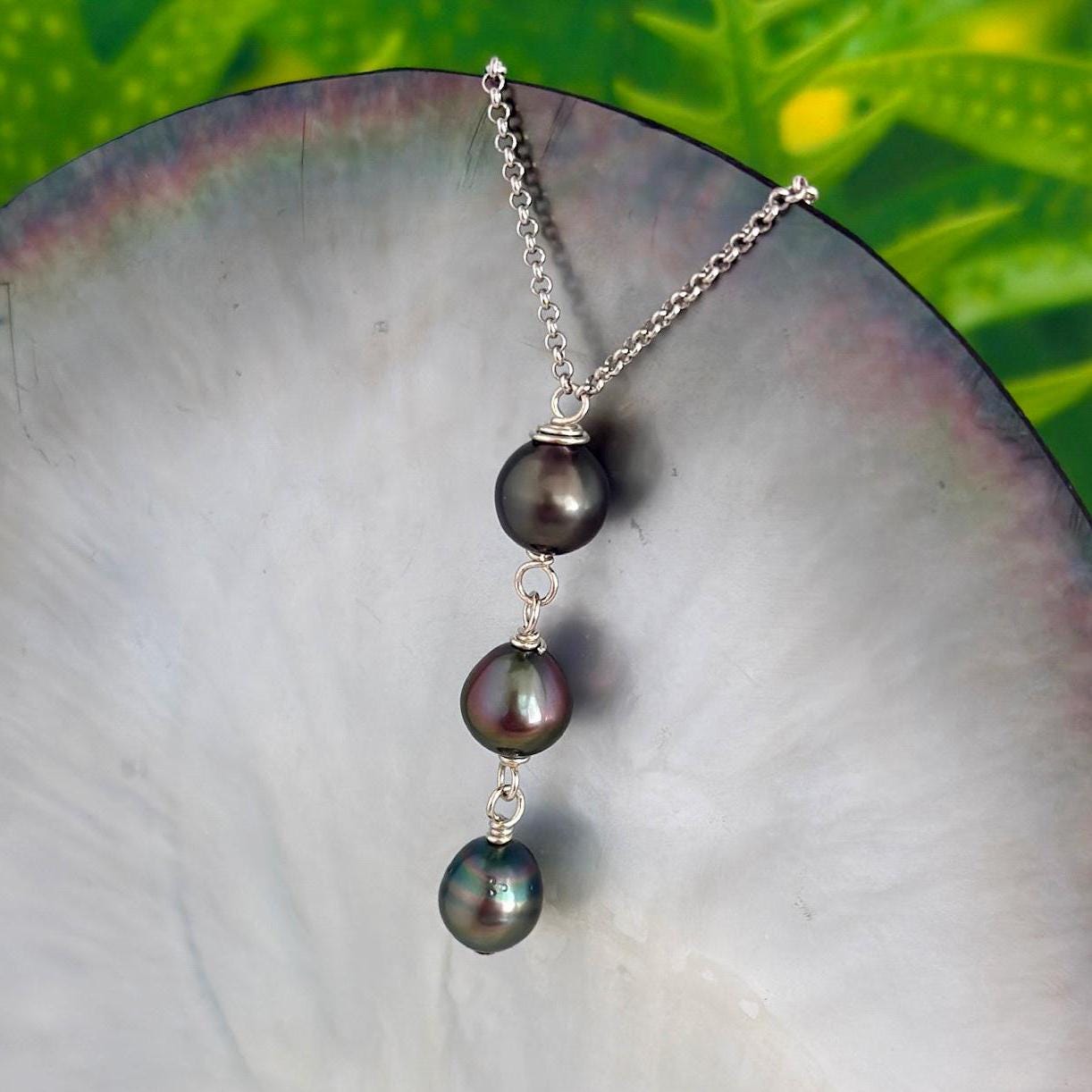 Tahitian Pearl Drop Necklace – 3 Black Pearls on Sterling Silver Chain • Handmade Minimalist Elegant Hawaii Jewelry