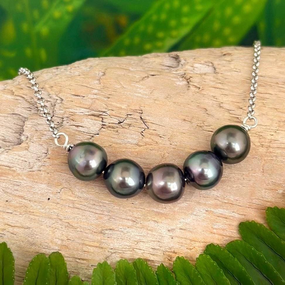 Tahitian Pearl Necklace – 5 Pearls on Sterling Silver Chain • Minimalist Tropical Jewelry • Elegant Gift for Her