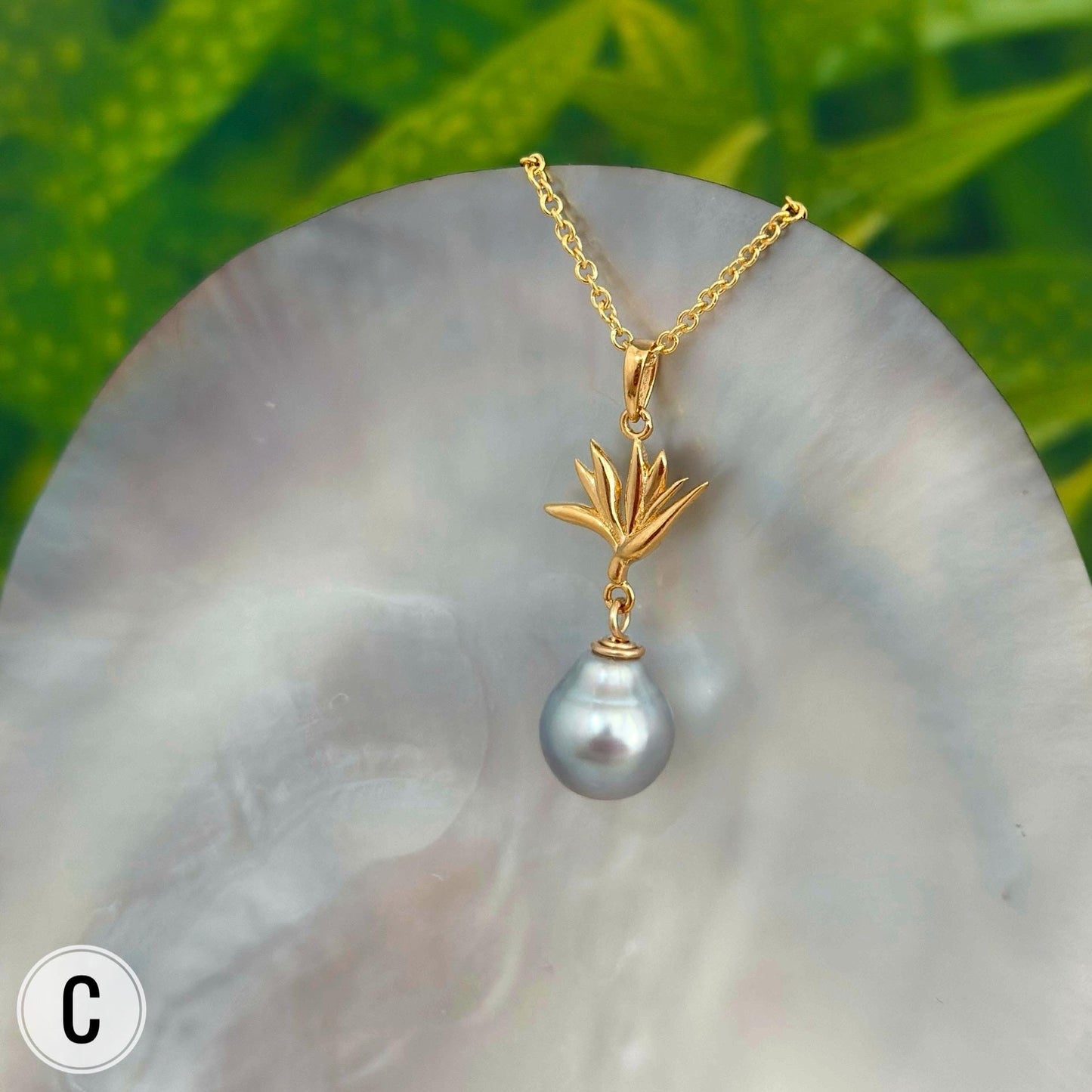 Tahitian Pearl Pendant – Bird of Paradise Flower Necklace • Gold vermeil