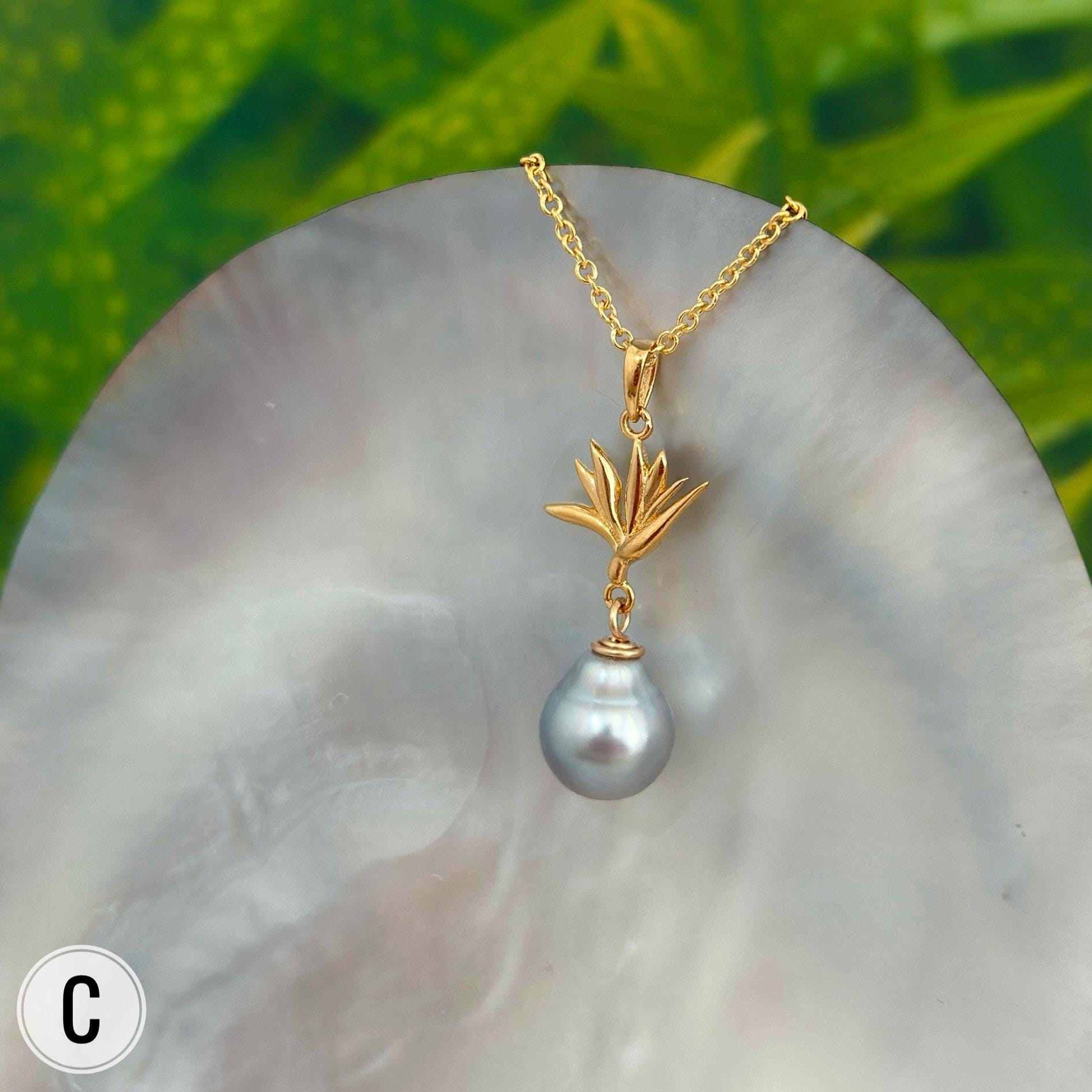 Tahitian Pearl Pendant – Bird of Paradise Flower Necklace • Gold vermeil