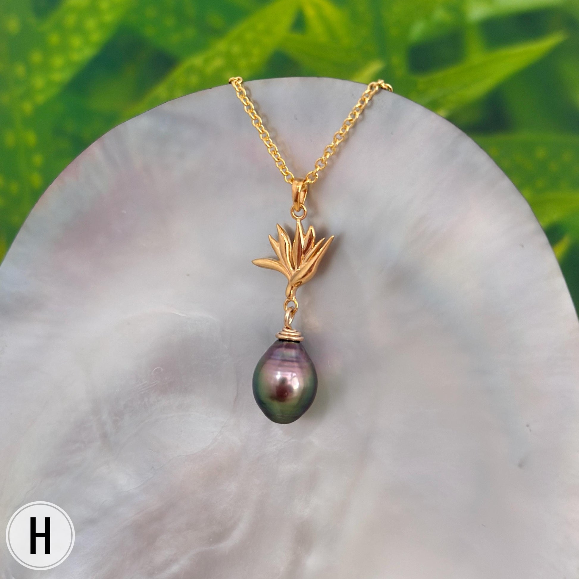 Tahitian Pearl Pendant – Bird of Paradise Flower Necklace • Gold vermeil