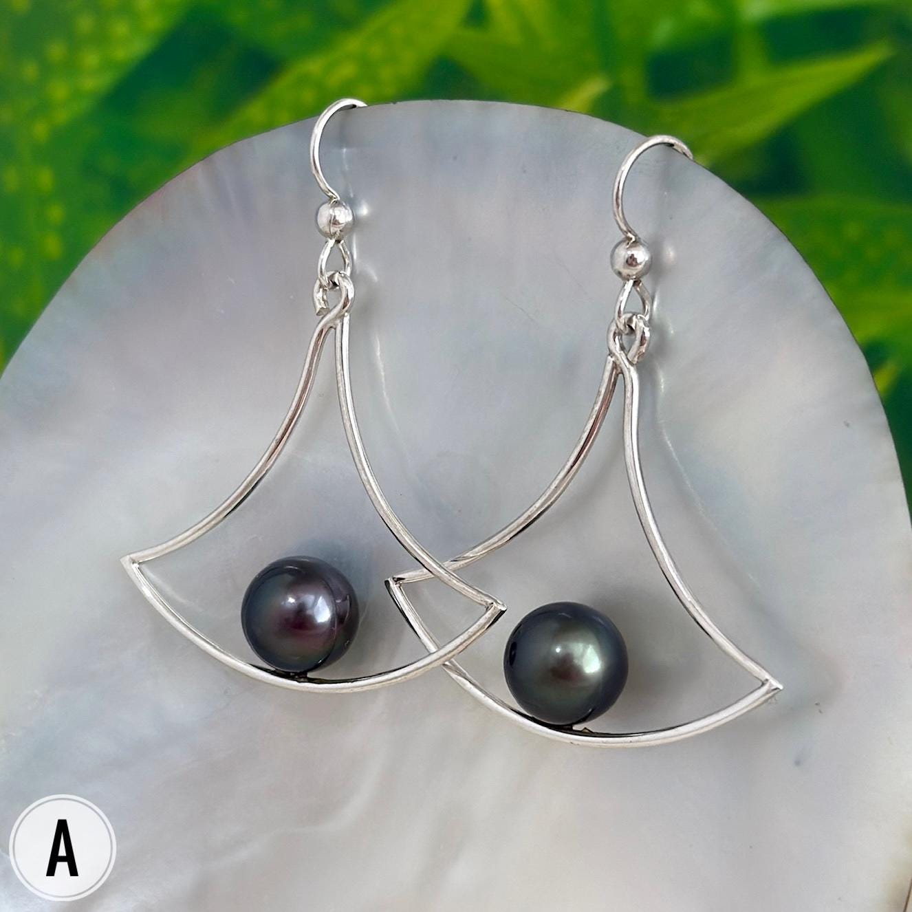 DOORBUSTER Tahitian Pearl Earrings – Sterling Silver Fan-Shaped Dangles • Modern and Elegant Statement Jewelry