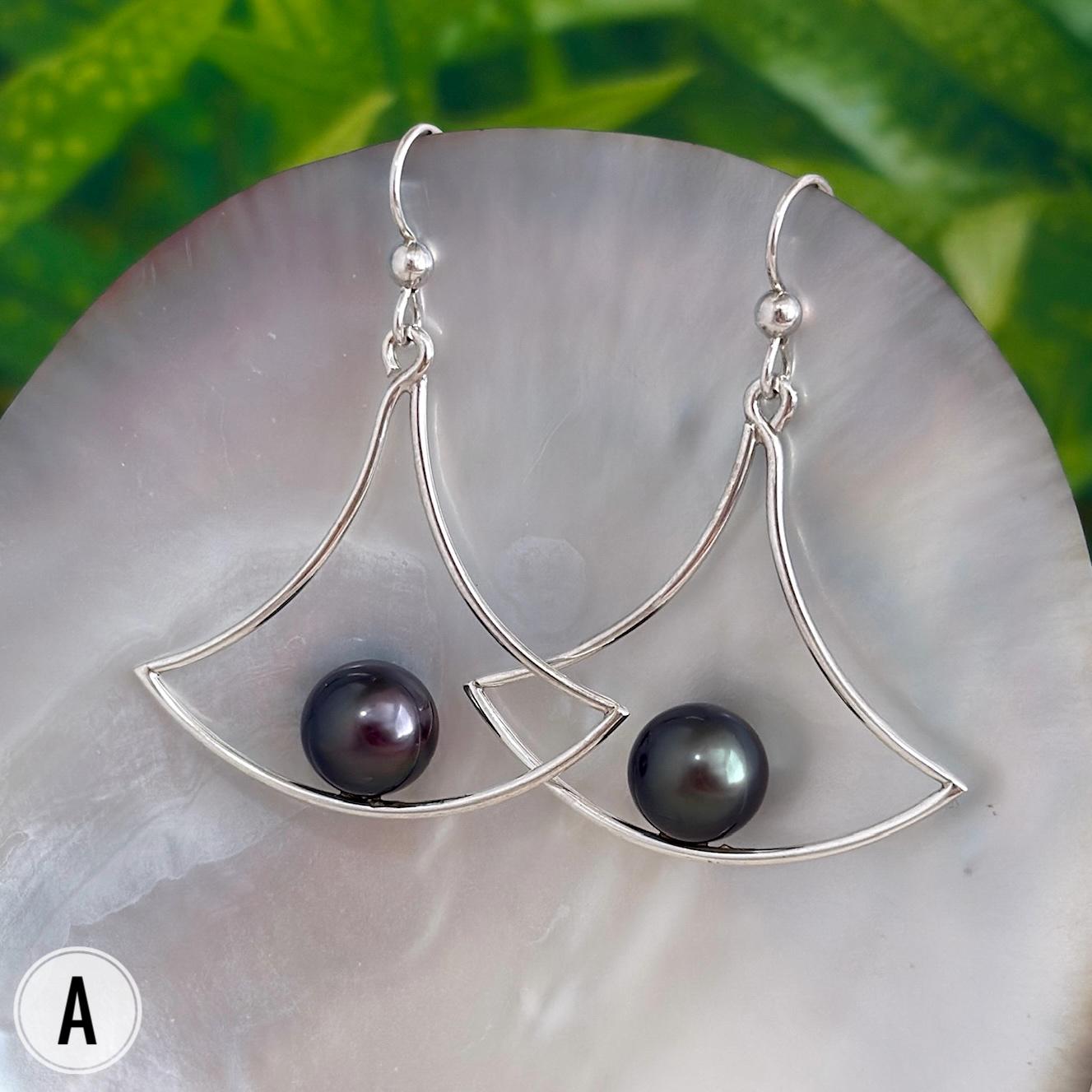 DOORBUSTER Tahitian Pearl Earrings – Sterling Silver Fan-Shaped Dangles • Modern and Elegant Statement Jewelry