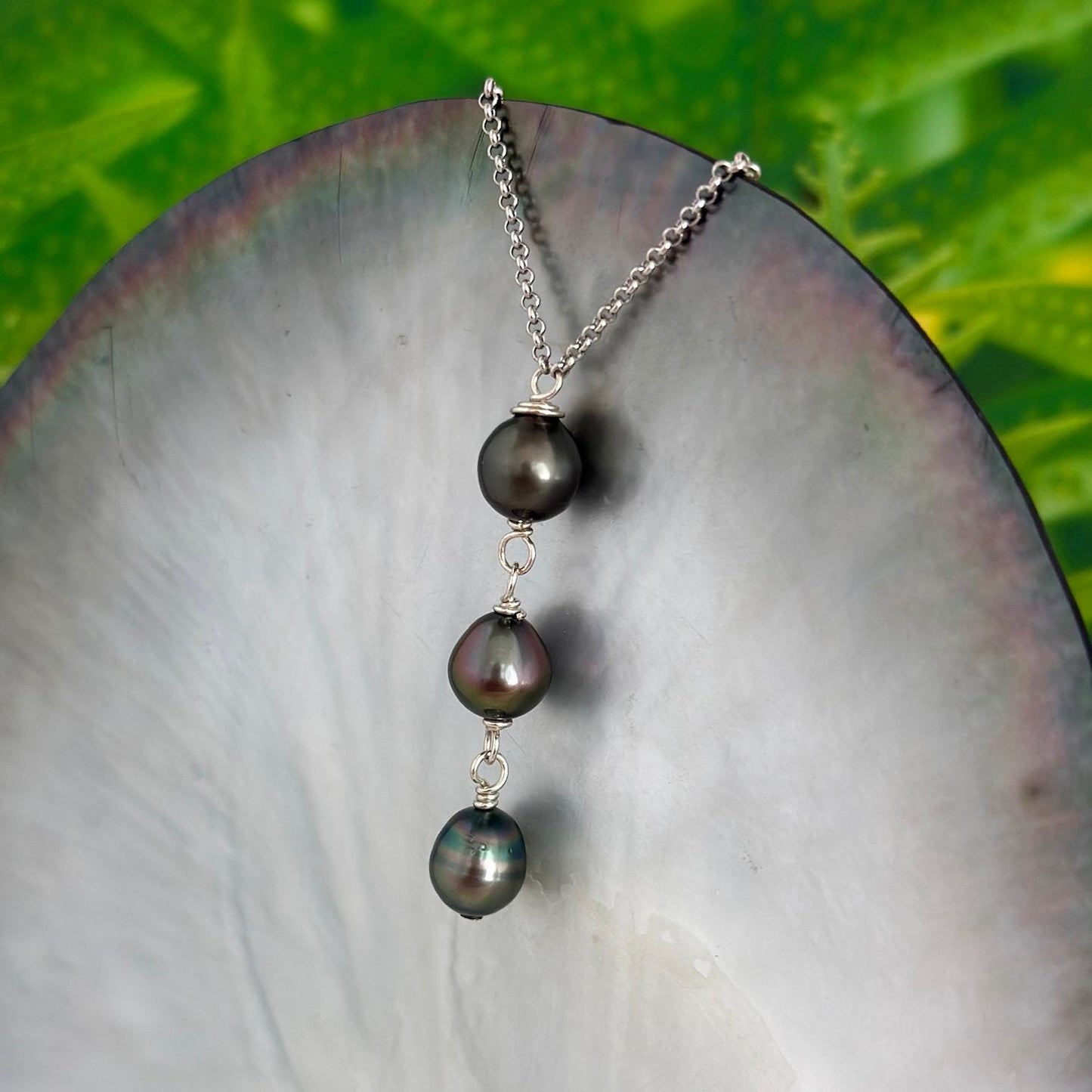 Tahitian Pearl Drop Necklace – 3 Black Pearls on Sterling Silver Chain • Handmade Minimalist Elegant Hawaii Jewelry
