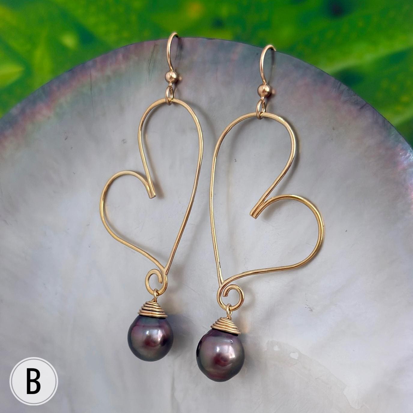 Tahitian Pearl Heart Earrings: 14k Gold Vermeil Dangle Earrings