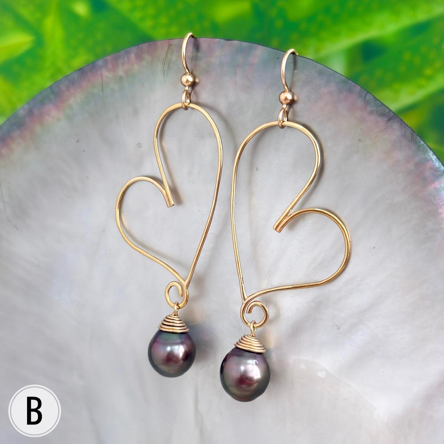 Tahitian Pearl Heart Earrings: 14k Gold Vermeil Dangle Earrings
