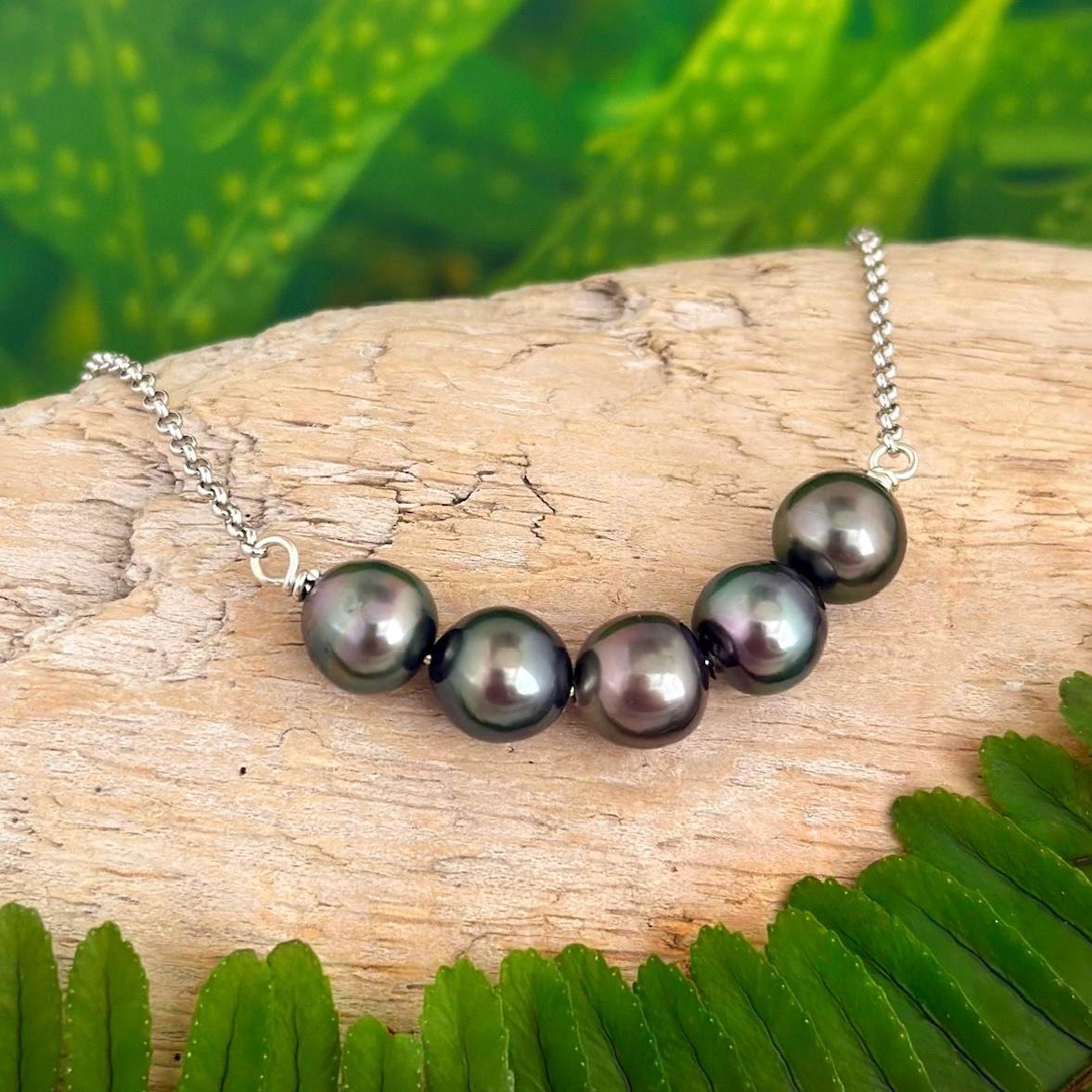 Tahitian Pearl Necklace – 5 Pearls on Sterling Silver Chain • Minimalist Tropical Jewelry • Elegant Gift for Her