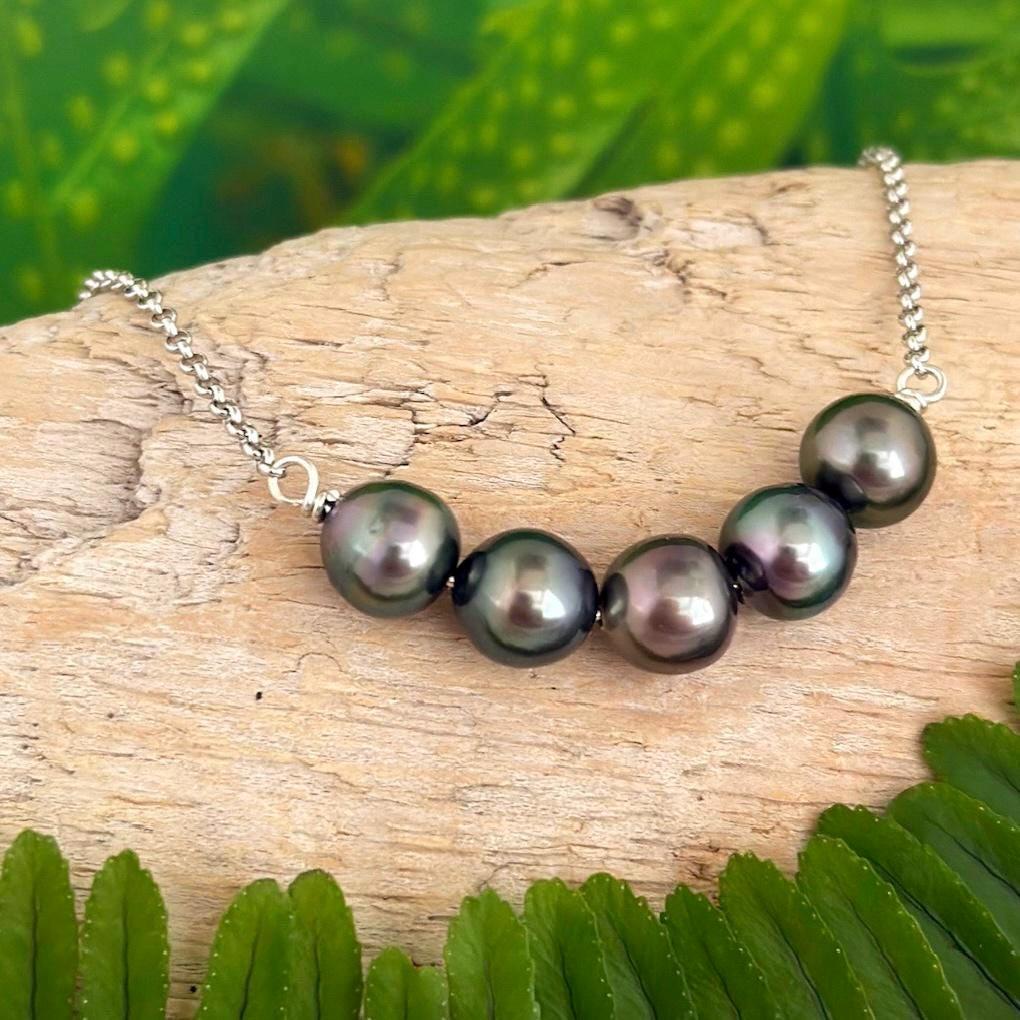 Tahitian Pearl Necklace – 5 Pearls on Sterling Silver Chain • Minimalist Tropical Jewelry • Elegant Gift for Her