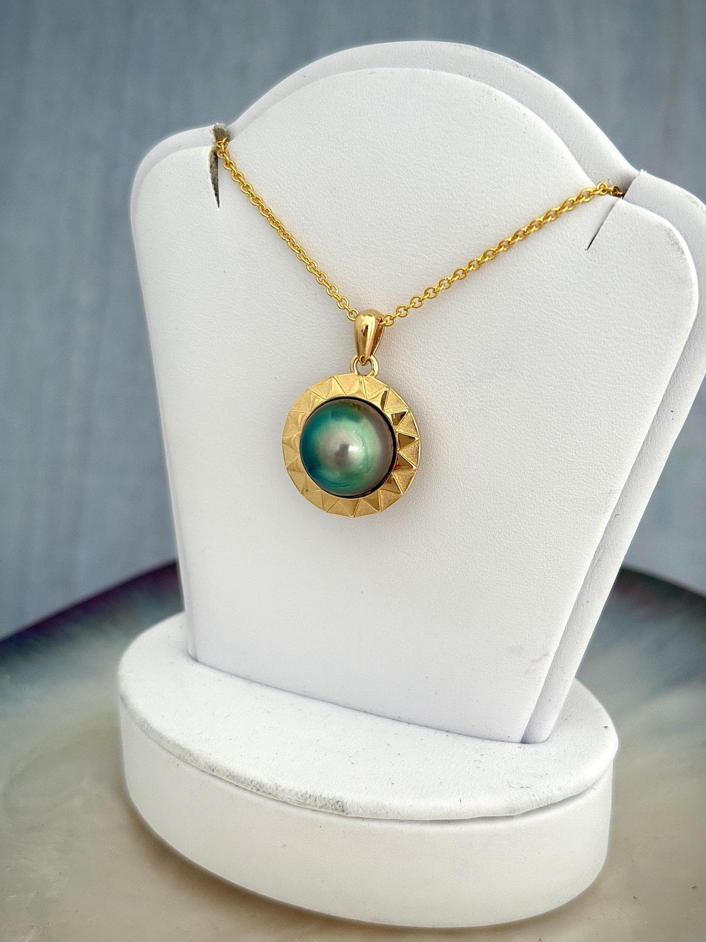 Tahitian Pearl Necklace • Sun Design Pendant in Gold Vermeil with Peacock Pearl • Made in Hawaii