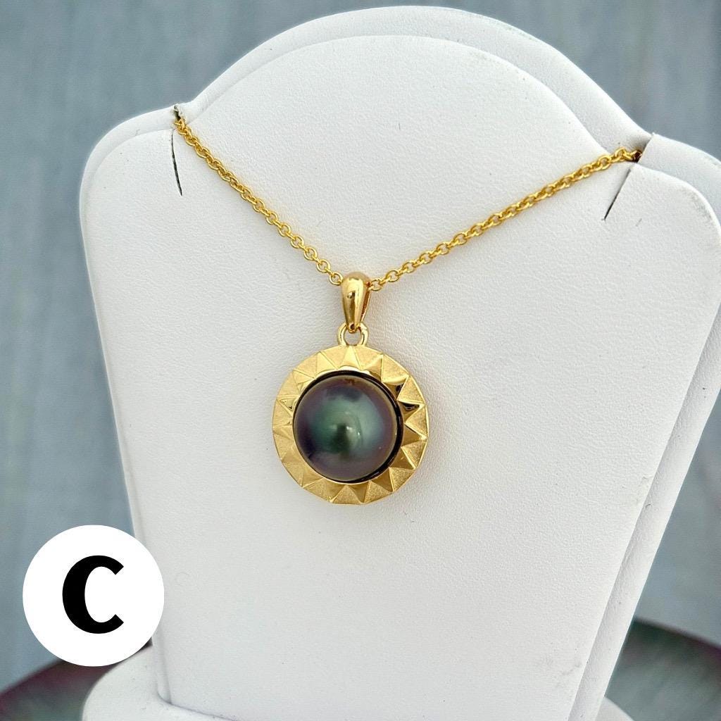 Tahitian Pearl Necklace • Sun Design Pendant in Gold Vermeil with Peacock Pearl • Made in Hawaii