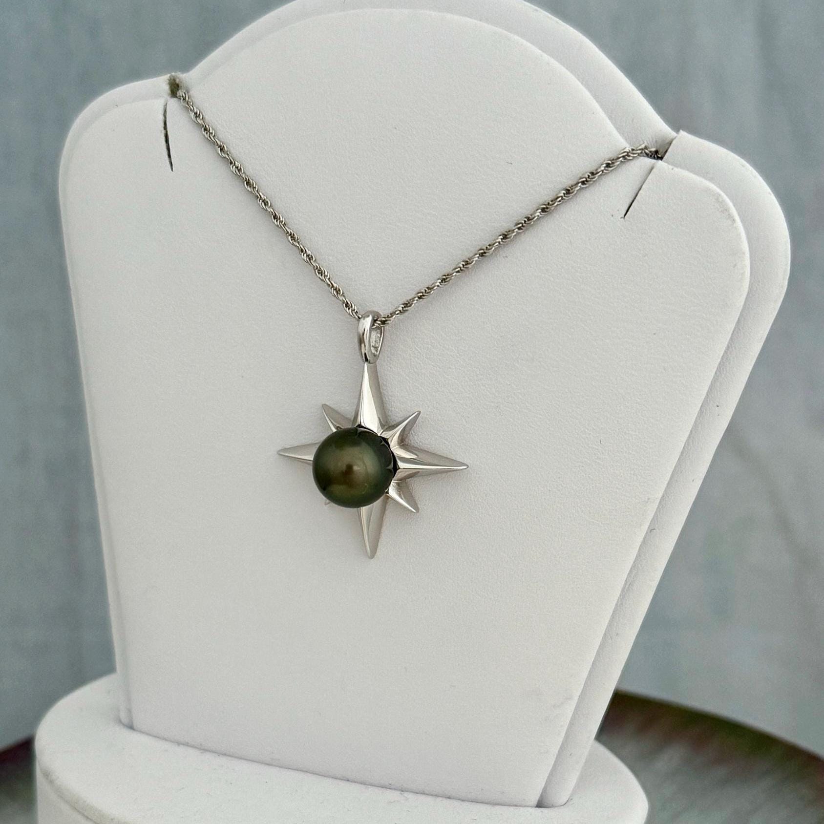 Tahitian Pearl Star Necklace: Sterling Silver Starburst Pendant, Hawaiian Jewelry
