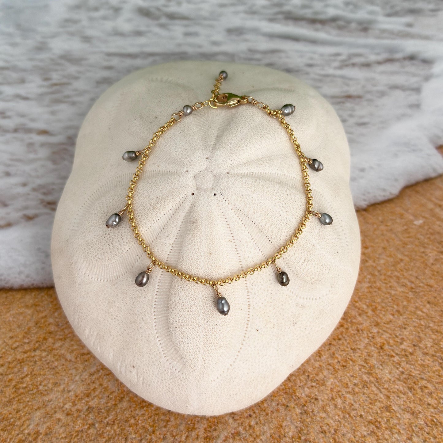 Tahitian pearl bracelet • Keshi pearl charm design • Sterling silver or gold filled