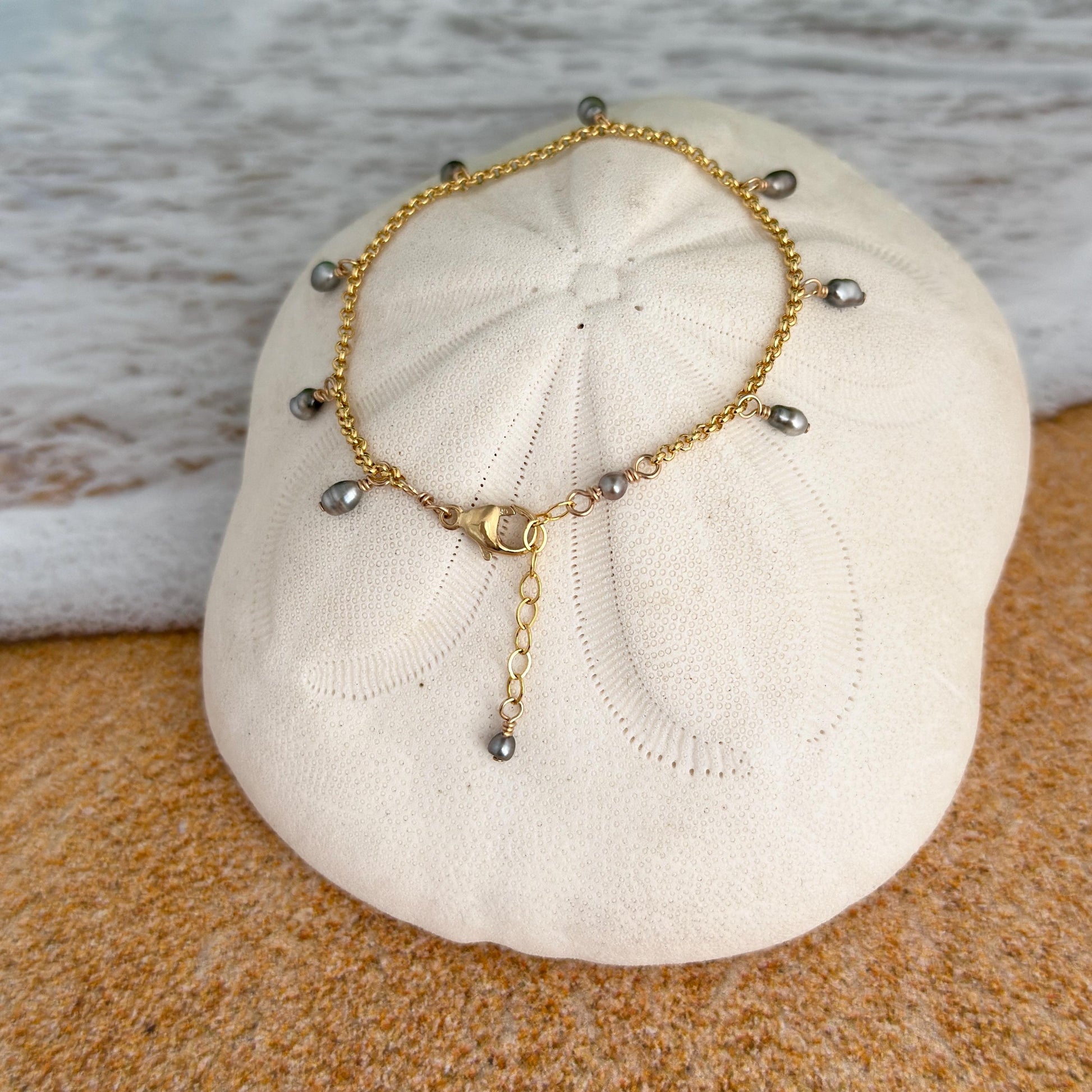 Tahitian pearl bracelet • Keshi pearl charm design • Sterling silver or gold filled