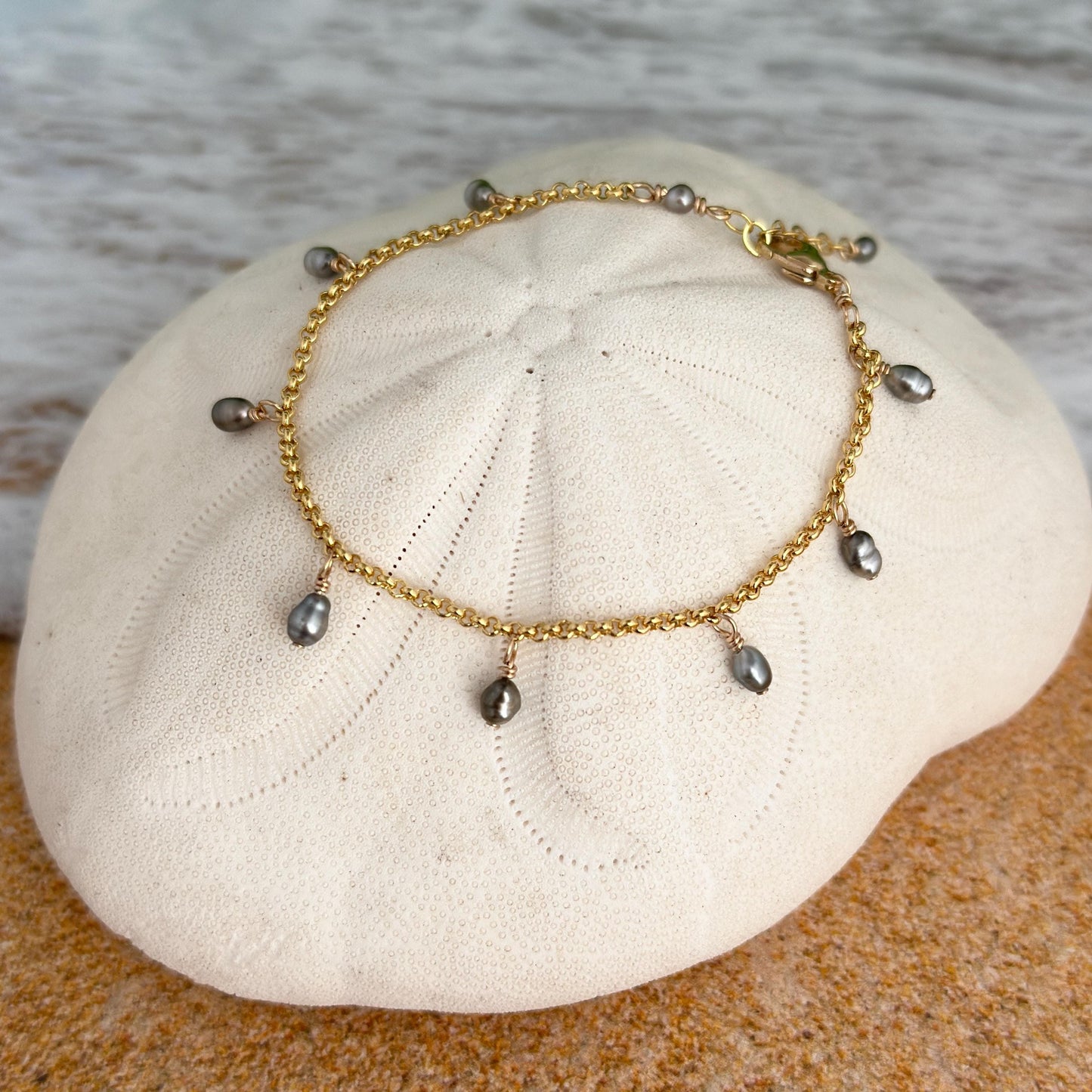 Tahitian pearl bracelet • Keshi pearl charm design • Sterling silver or gold filled