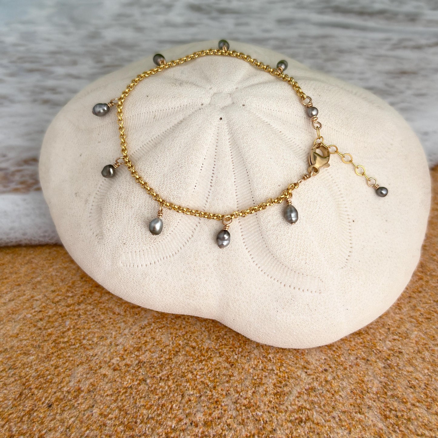 Tahitian pearl bracelet • Keshi pearl charm design • Sterling silver or gold filled