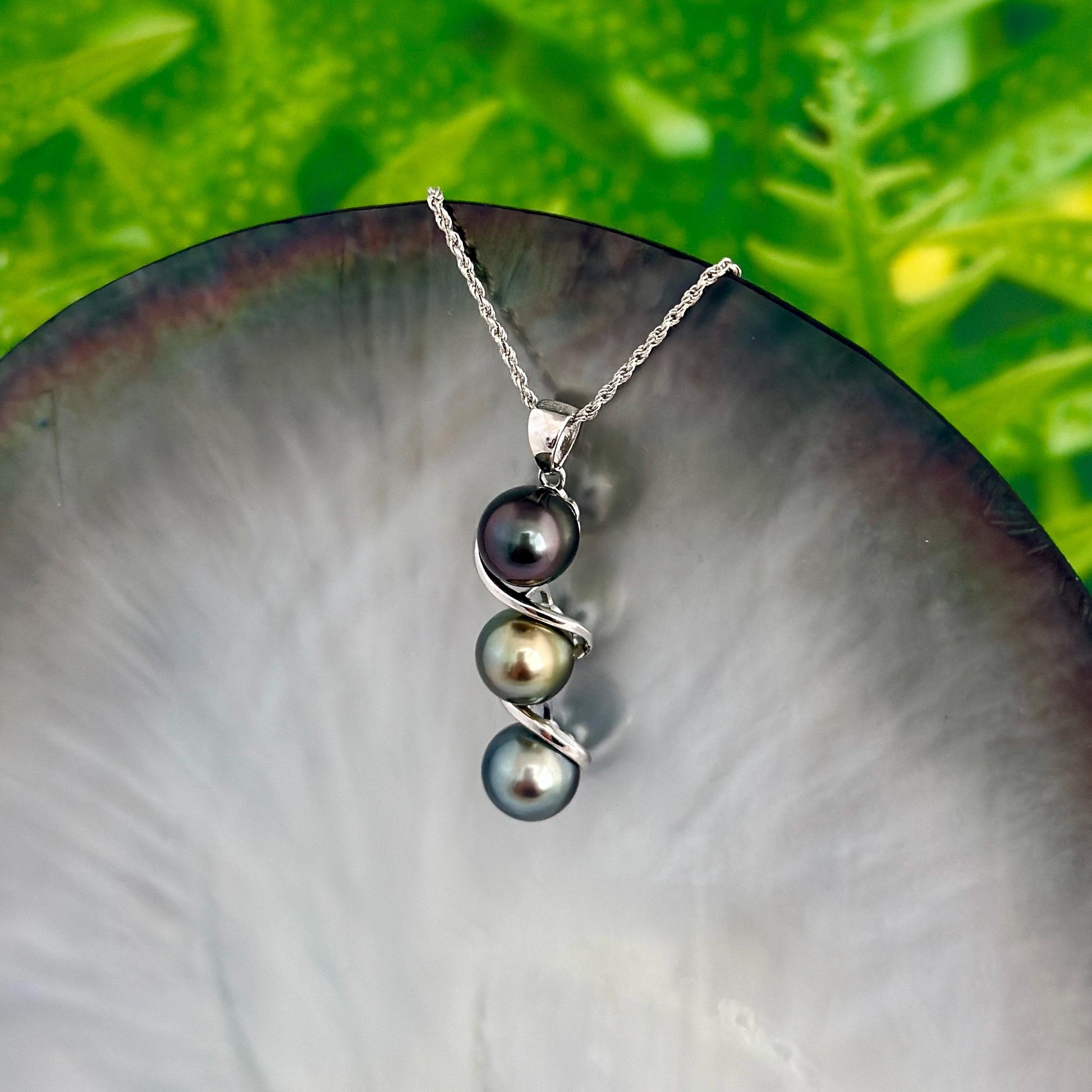 Tahitian pearl pendant • Triple drop jewelry design • Sterling silver swirl setting