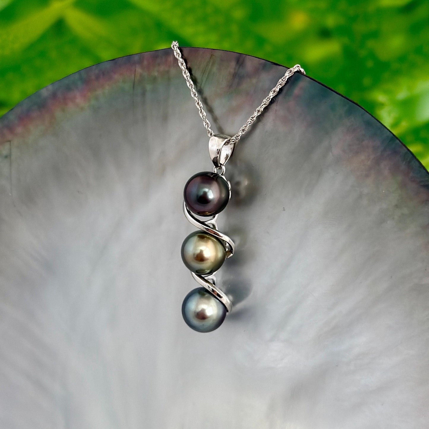 Tahitian pearl pendant • Triple drop jewelry design • Sterling silver swirl setting