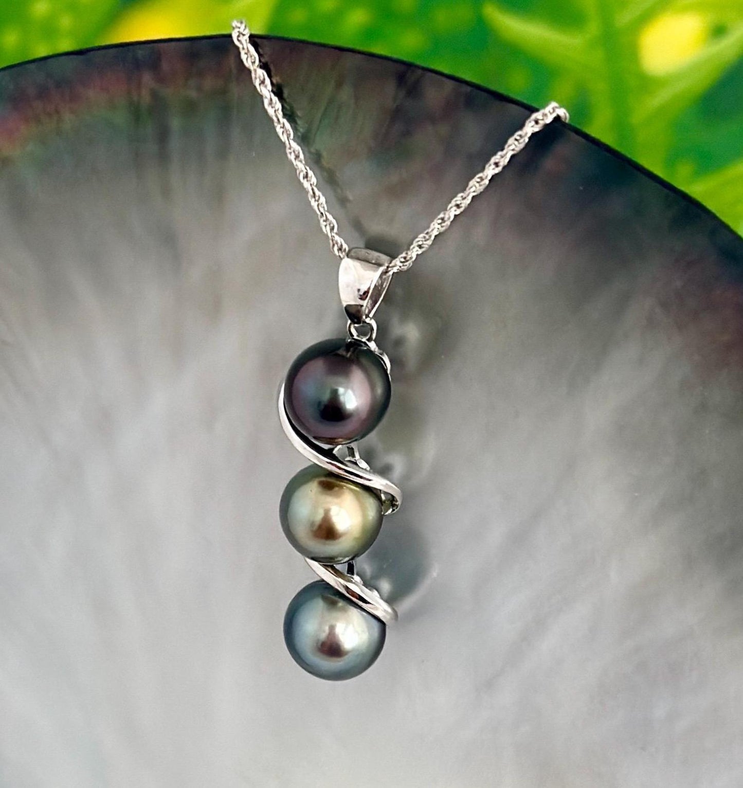 Tahitian pearl pendant • Triple drop jewelry design • Sterling silver swirl setting