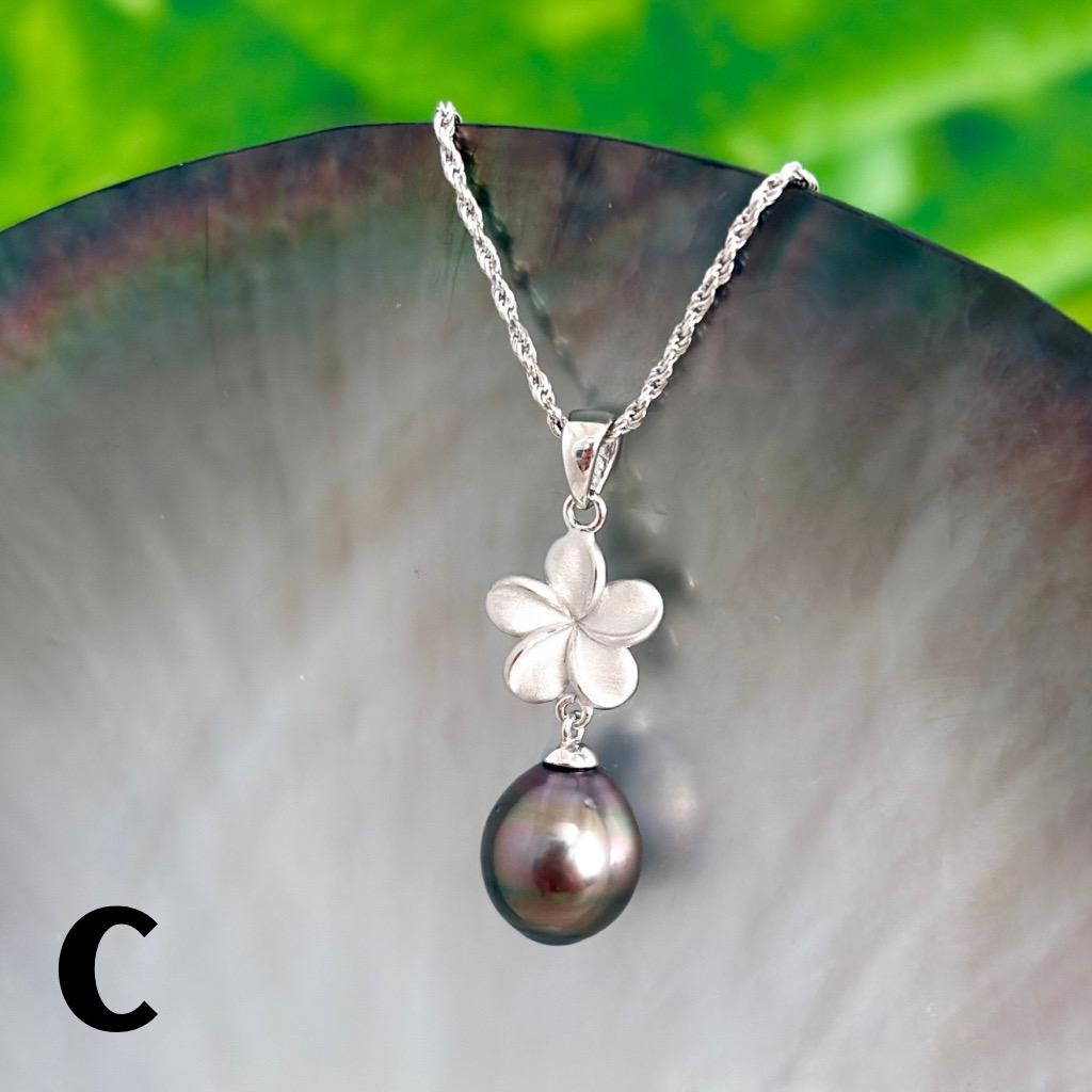 Tahitian pearl pendant • Plumeria necklace • Sterling silver Jewelry