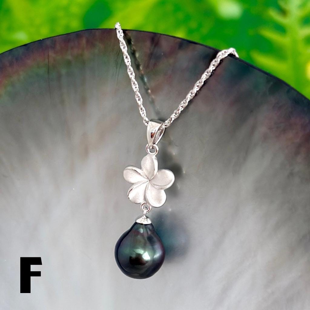 Tahitian pearl pendant • Plumeria necklace • Sterling silver Jewelry