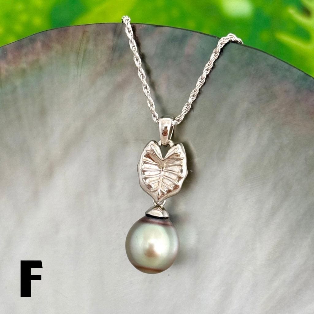 Tahitian pearl pendant — Kalo leaf necklace • Sterling silver • Hawaiian tropical design