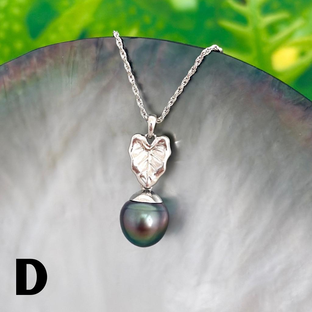 Tahitian pearl pendant — Kalo leaf necklace • Sterling silver • Hawaiian tropical design
