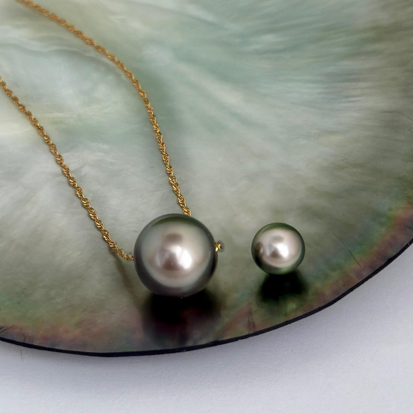 Tahitian pearl necklace • Floating 14.9mm Slider • Solid Gold • minimalist jewelry