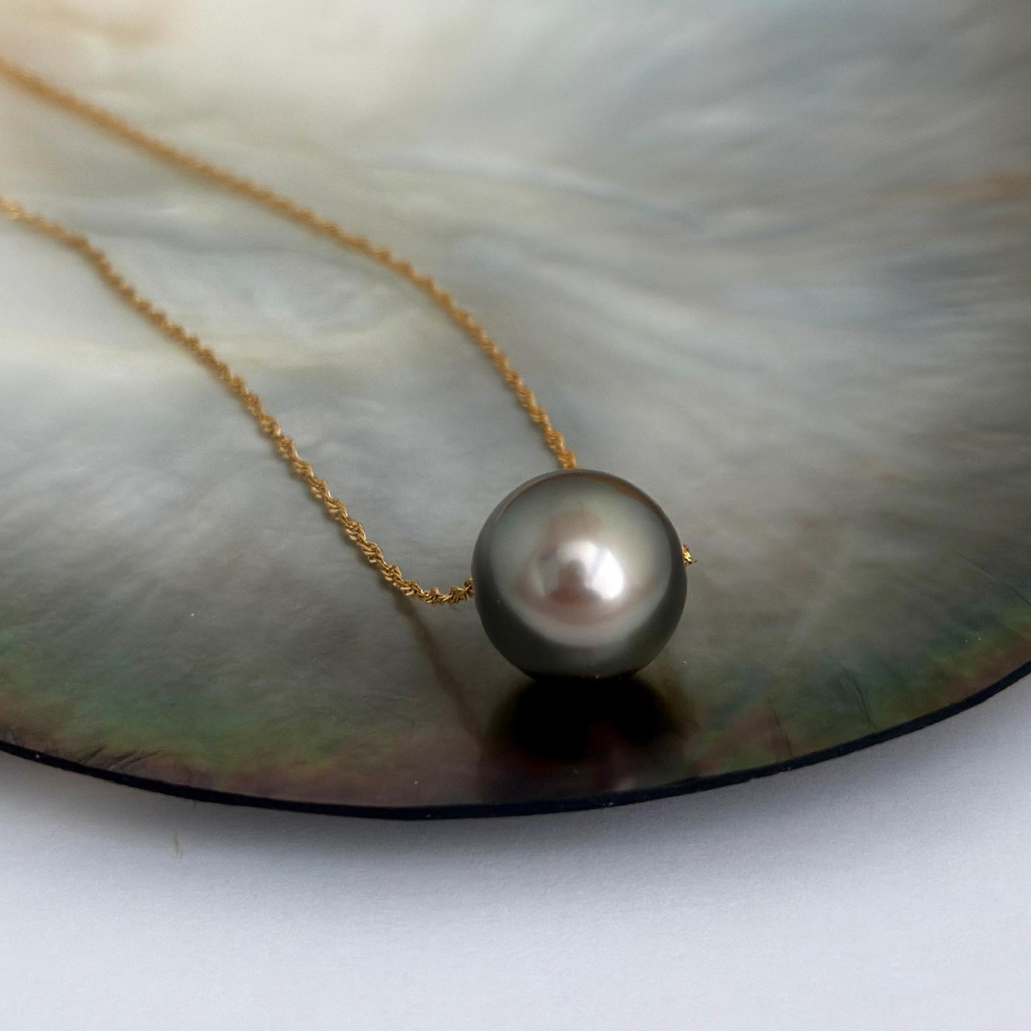 Tahitian pearl necklace • Floating 14.9mm Slider • Solid Gold • minimalist jewelry