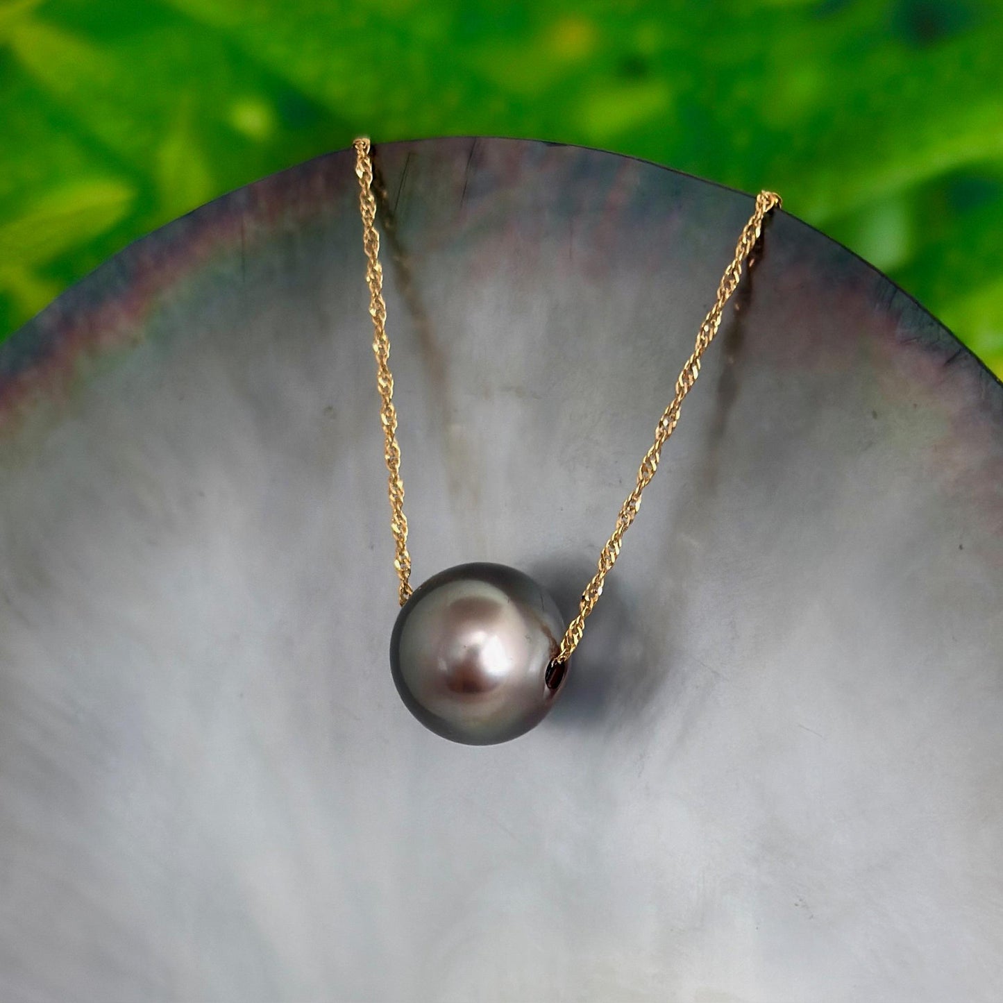 Tahitian pearl necklace • Floating 14.9mm Slider • Solid Gold • minimalist jewelry