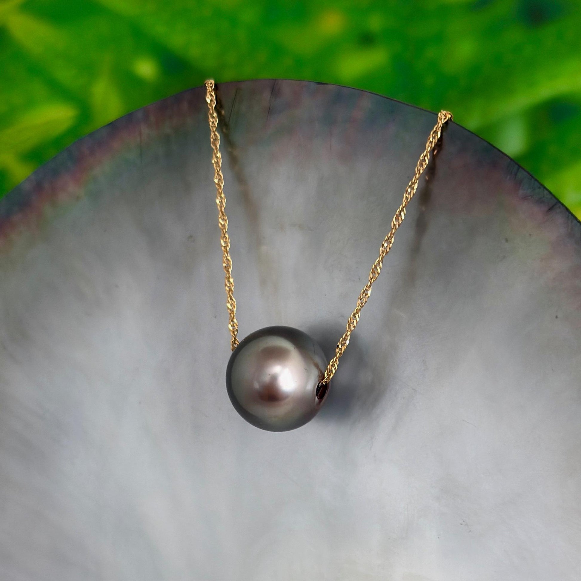 Tahitian pearl necklace • Floating 14.9mm Slider • Solid Gold • minimalist jewelry