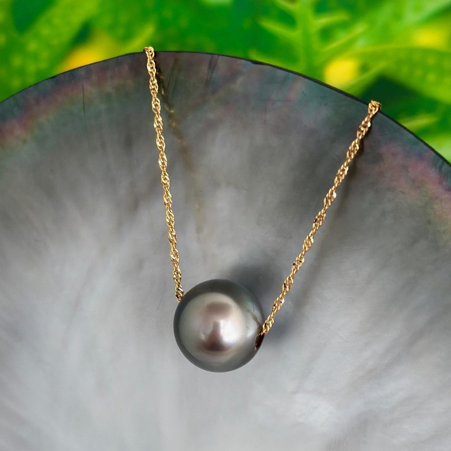 Tahitian pearl necklace • Floating 14.9mm Slider • Solid Gold • minimalist jewelry