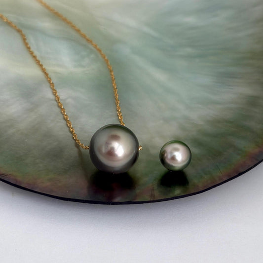 Tahitian pearl necklace • Floating 14.9mm Slider • Solid Gold • minimalist jewelry