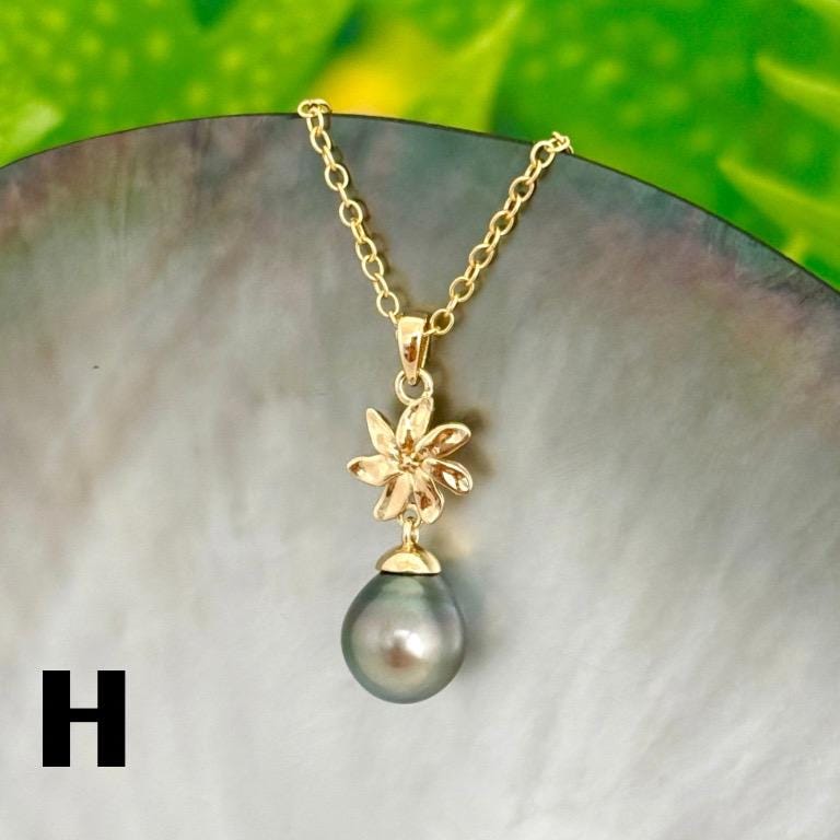 Tahitian Pearl Necklace – Gold Tiare Gardenia Flower Pendant • Hawaiian • Elegant black pearl Jewelry