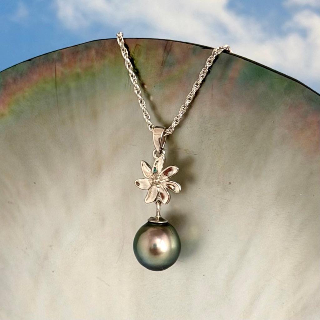 Tahitian Pearl Necklace – Sterling Silver Tiare Gardenia Flower Pendant • Hawaiian • Choose your Pearl