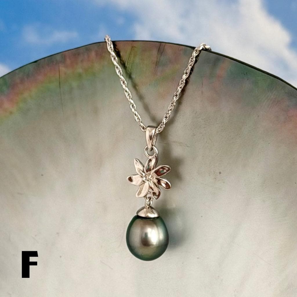 Tahitian Pearl Necklace – Sterling Silver Tiare Gardenia Flower Pendant • Hawaiian • Choose your Pearl