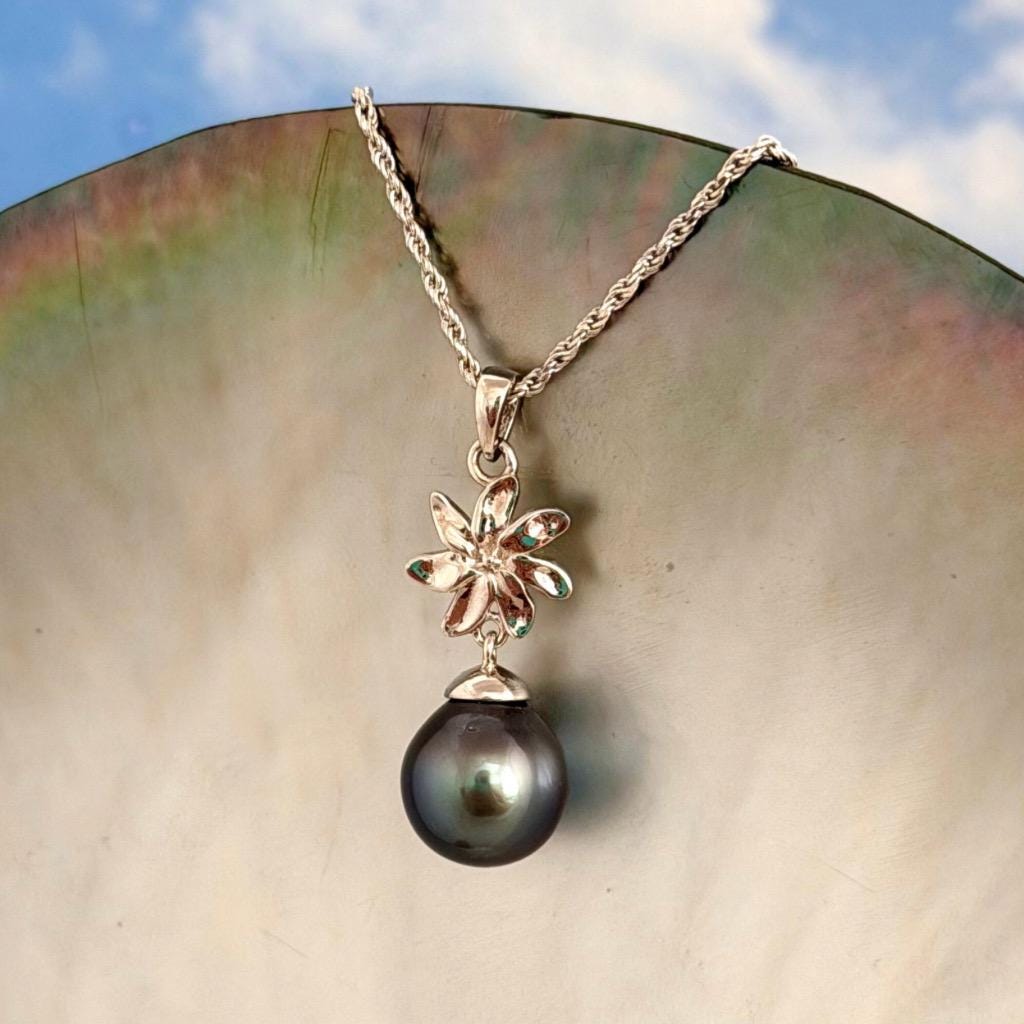 Tahitian Pearl Necklace – Sterling Silver Tiare Gardenia Flower Pendant • Hawaiian • Choose your Pearl