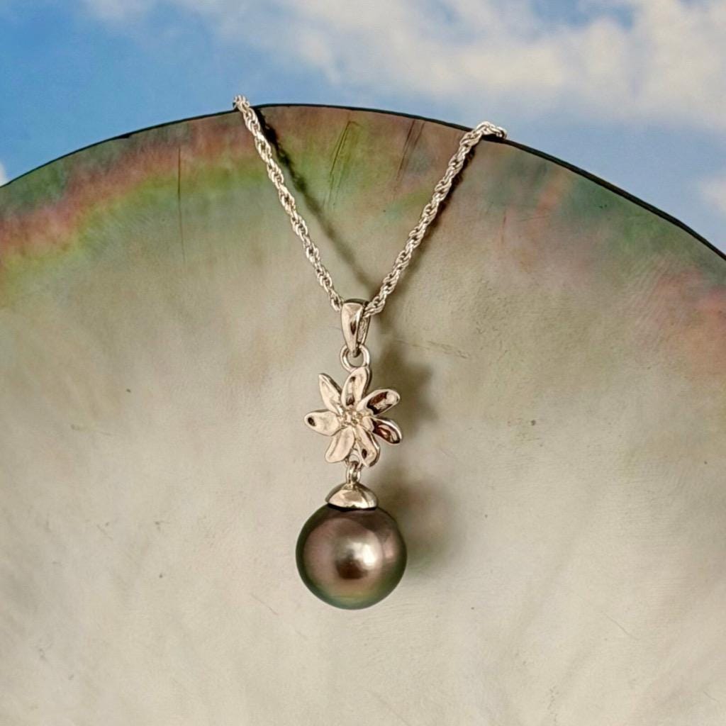 Tahitian Pearl Necklace – Sterling Silver Tiare Gardenia Flower Pendant • Hawaiian • Choose your Pearl